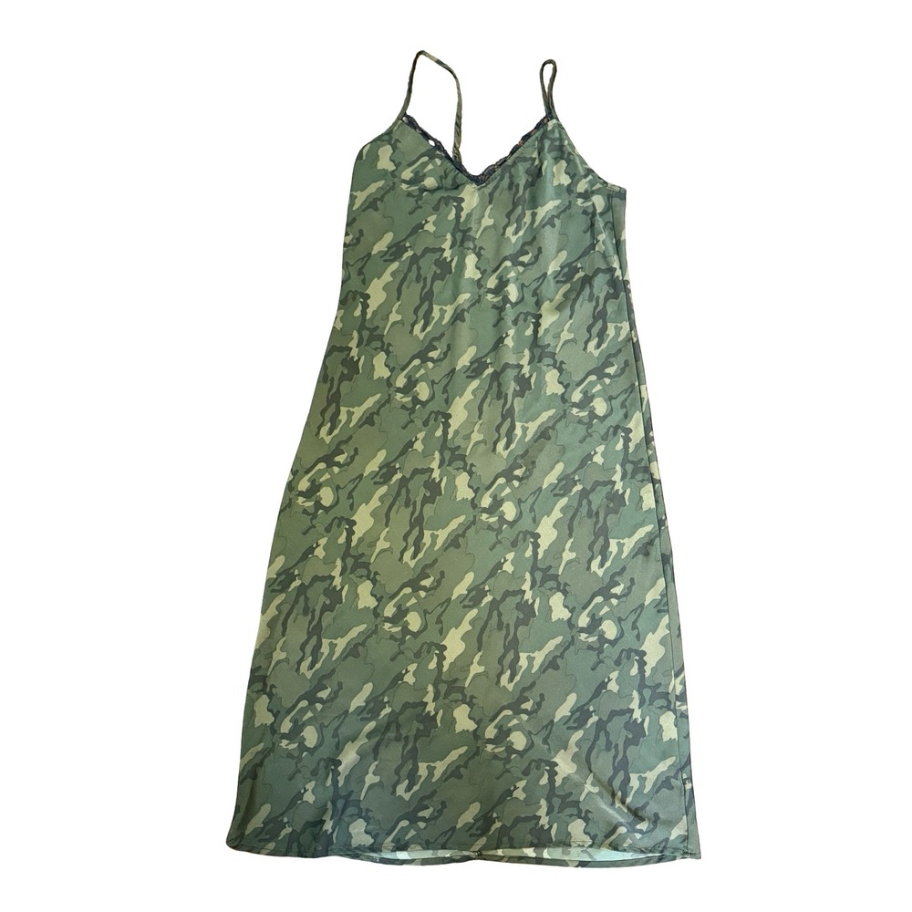 Wild Fable Camouflage Lace Trim V-Neck Midi Slip Dress Green Camo XS S Y2K